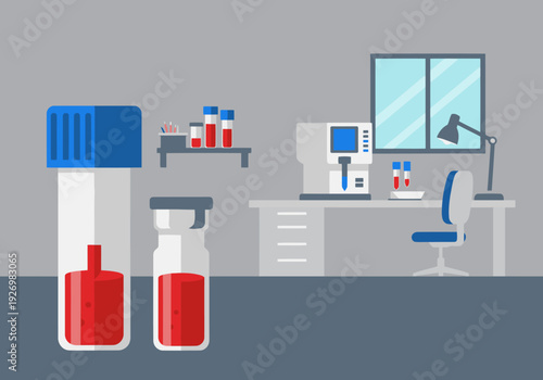 A modern laboratory scene displays blood glucose test data. Tubes and equipment create a clean, professional aesthetic. Ideal for health, science, and medical visuals.
