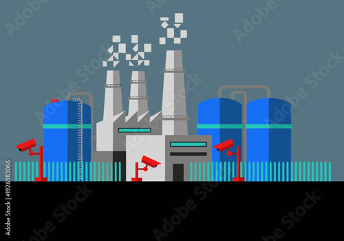 Modern refinery security illustration featuring surveillance cameras and industrial structures. Clean, graphic style with blue and grey tones. Suitable for business and technology themes.