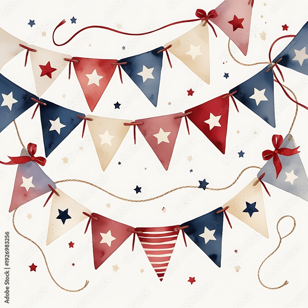 Obraz premium Watercolor patriotic bunting banner with soft triangular flags in dusty red, creamy white and faded navy, hand painted stars and stripes, gentle curved rope string, small velvet red bows at corners