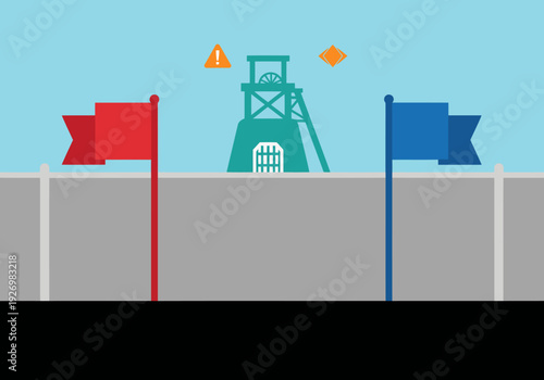 A stark illustration depicts a border wall with two flags, a mine, and tension symbols.  A divided landscape suggests conflict and rivalry. Modern, graphic style.