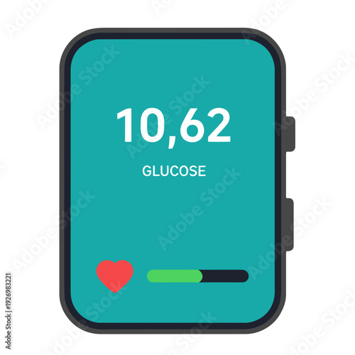 A smartwatch displays a glucose reading on a dark background. A heart icon pulses, indicating health monitoring. Modern, clean design for diabetes tracking app.