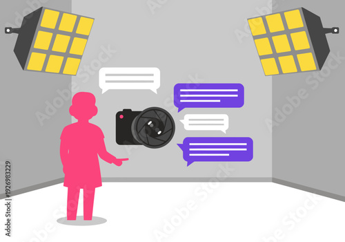 A streamer interacts with viewers via live chat while filming with a camera. Bright studio lighting and a modern aesthetic create a dynamic, engaging scene.