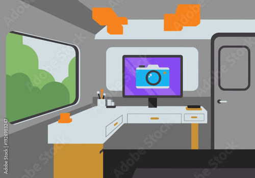 A stylish luxury van office showcases a modern workspace with a monitor, desk, and window view. Ideal for influencer or remote work visuals.