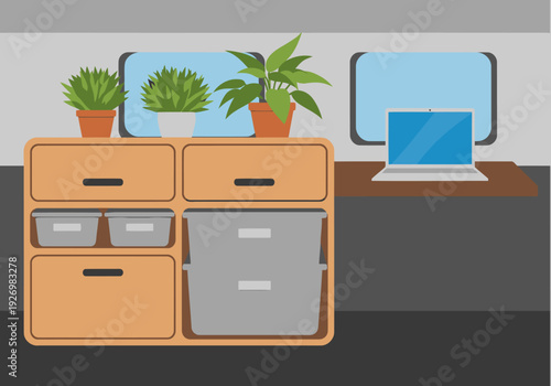 A stylish van office setup features a desk, storage drawers, laptop, plants, and containers. Modern, organized workspace for remote work. Ideal for business or lifestyle visuals.