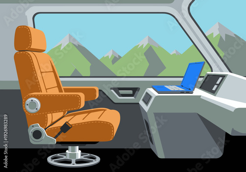 A stylish mobile office van seat offers a productive workspace with a laptop and scenic mountain view. Modern design, ideal for remote work visuals.