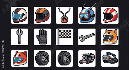 Collection of racing helmets, tools, and tires, perfect for motorsport enthusiasts and racing games.