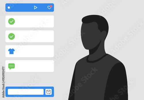 A stylized silhouette showcases recent social shop purchases. Notifications highlight Jane Doe's clothing buys ? a green t-shirt and blue hoodie. Clean, modern design with a vibrant background.