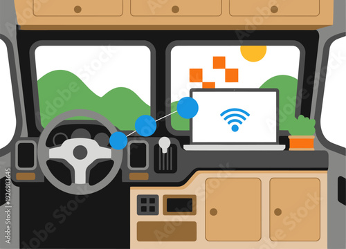 A vibrant remote work van interior showcases a driver's workspace with a laptop, camera, and connectivity icons.  Ideal for illustrating mobile productivity and digital nomad lifestyles.