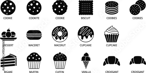 Professional Black Silhouette Icon Set for Bakery and Desserts Featuring Cookies Biscuits Cupcakes Muffins Donuts Croissants and Ice Cream Assets