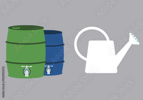 A vibrant water harvest icon set featuring barrels and watering cans. Clean, modern design ideal for illustrating sustainable practices and water conservation. Perfect for digital projects.