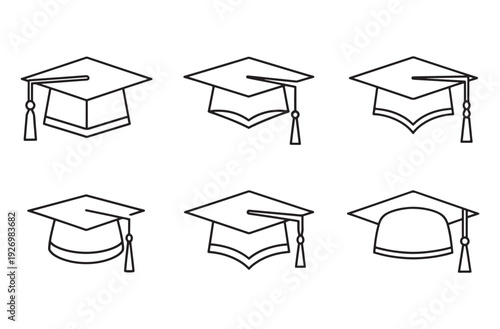 Set graduation cap with tassel on transparent background education hat different shapes academic headwear student graduate ceremony vector illustration