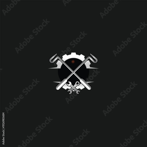 Golf Club Repair Logo Design with Crossed Clubs and Gear.