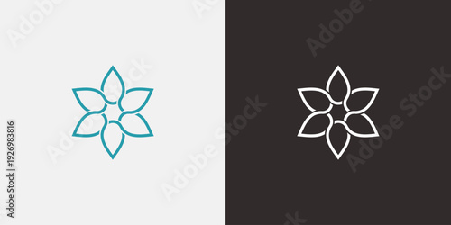 Minimalist flower logo design on white and black background.