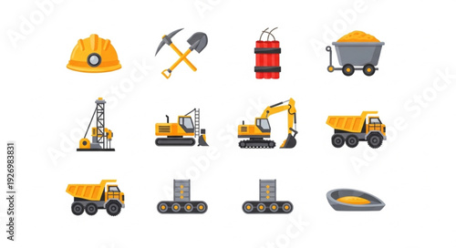 Collection of mining equipment and tools used in the extraction of resources.