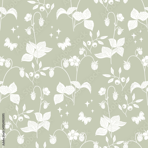 Vector seamless pattern, summer botany with wild strawberries and blueberries, in bright colors and Scandinavian style for wallpaper, fabric, textiles, clothing, wrapping paper, wallpaper, background,