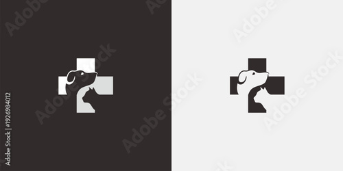 Veterinary clinic logo with dog and cat silhouette on cross symbol.