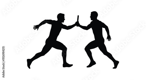 Two runners exchange a baton during a relay race captured in a stark black silhouette high quality professional detailed modern elegant