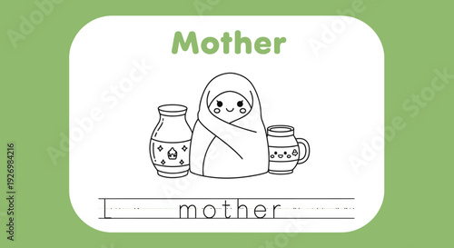 Cute Mother's Day card with kawaii mom and milk