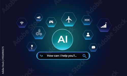 Futuristic AI-powered virtual assistant button for customer service, chatbot technology, and intelligent search automation. Features 10 option buttons. AI chatbot support for digital businesses. 