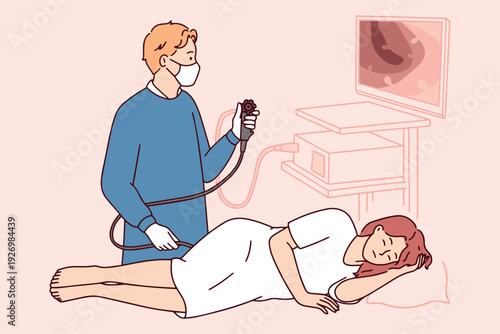 Male doctor performs colonoscopy on sleeping female patient under anesthesia, using endoscope and monitor showing polyps. Medical procedure for intestine health and diagnostic screening.