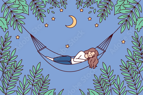 Peaceful woman sleeps in hammock under starry night sky with crescent moon and tropical plants. Celebrating World Sleep Day in March, focusing on rest, relaxation, and Mental Health.