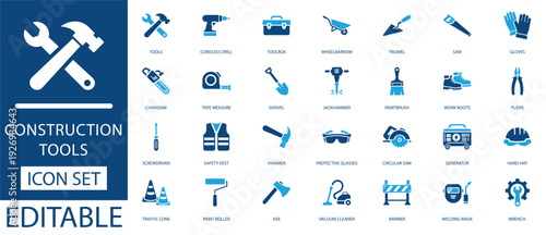 construction tools icon set. Includes hammer, drill, safety gear, saw, and heavy equipment symbols in blue flat style. Perfect for industrial and home renovation.