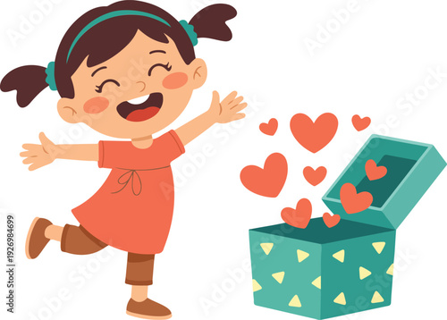 A cartoon illustration of a young girl with black hair in pigtails wearing a coral-colored dress with a white collar and bow tie detail.