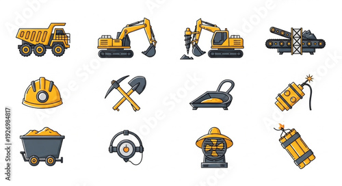 Mining and construction equipment collection, various tools and vehicles, isolated on white background.