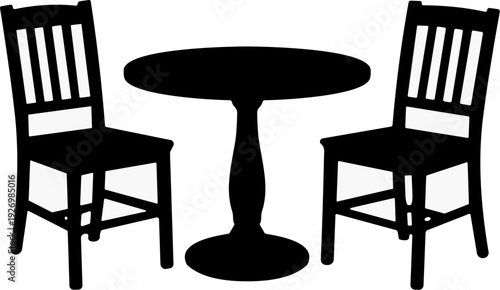 Table with Two Chairs Furniture Set Interior Silhouette Vector in Solid Black on White Background