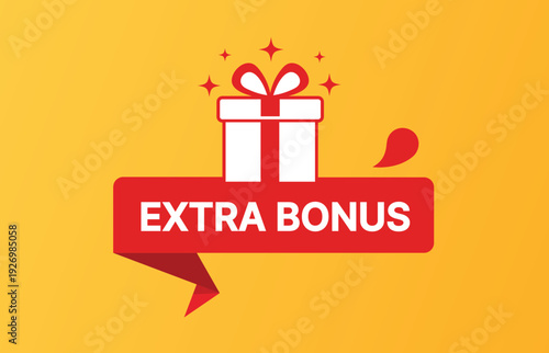 Red ribbon banner with white gift box and sparkles saying extra bonus