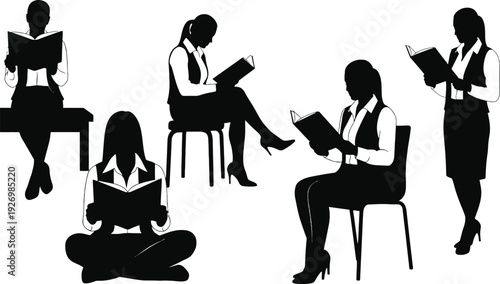 Woman silhouette vector illustration of people reading books in various poses
