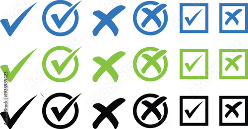 Checkmarks and crosses symbols in various colors