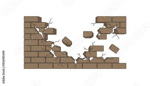A broken brown brick wall with cracks and crumbling bricks illustration