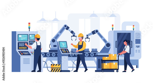 Modern Automated Factory Production Line with Industrial Robots and Skilled Workers Operating Machinery. Flat Vector Illustration.