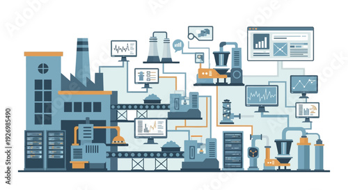 Smart Factory Industry 4.0: Automated Industrial Production with Integrated Data Analytics, IoT, and Real-time Monitoring System Illustration