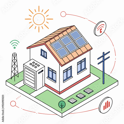 A house with solar panels on the roof and a cell tower nearby
