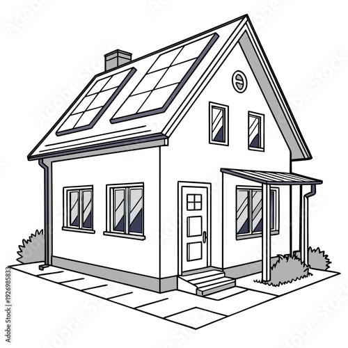 A small house with a porch and skylights