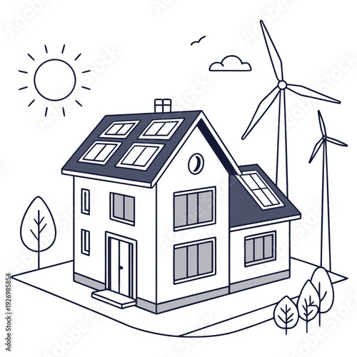 A house with solar panels and wind turbines