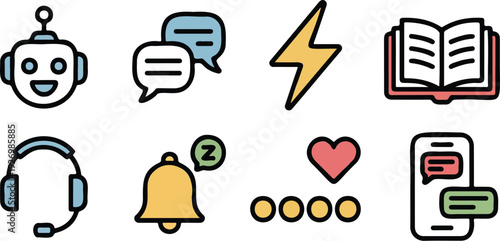 Customer support and chatbot service icons for website and app interface with colorful flat thin line design.