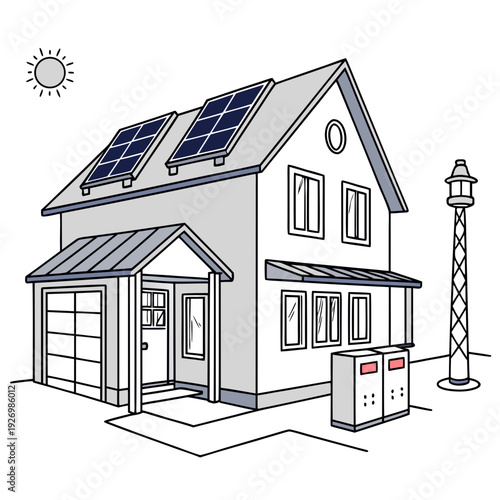 A house with solar panels on the roof and a wind turbine