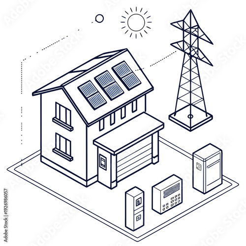 A house with solar panels and a power line