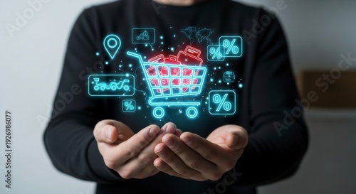 Person holding a holographic shopping cart with various icons representing online shopping features