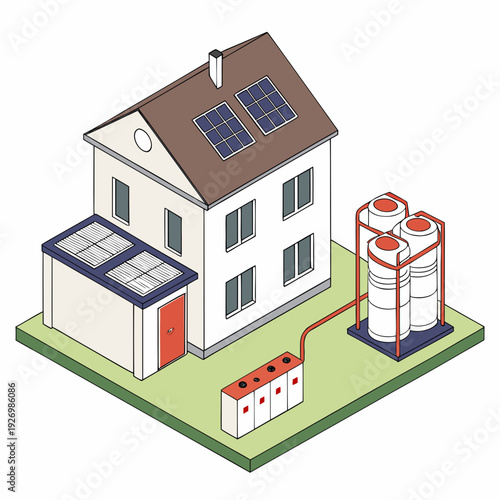 A house with solar panels and a battery storage system