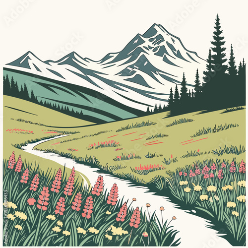 A serene mountain landscape with a winding stream