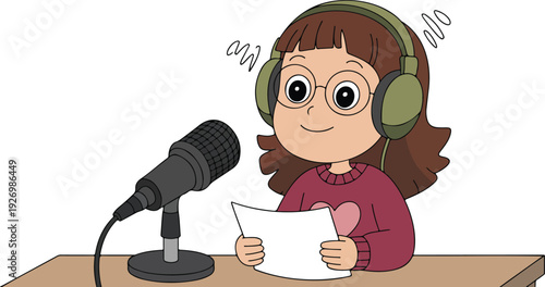 A digital illustration of a podcast setup with a young caucasian girl wearing a burgundy sweater and olive green headphones.