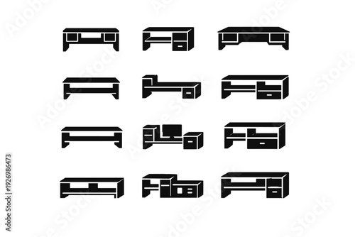 Workspace furniture hutch portable design vector form desk compact icons accessory saver