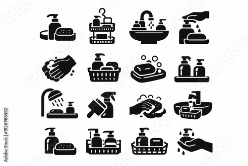 Icon caddy hygiene bathroom station vector care routine process icons setup soap