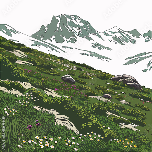 A serene mountain landscape with a lush green hillside and vibrant wildflowers