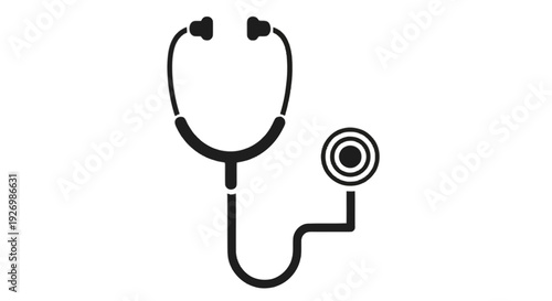 A black and white illustration of a stethoscope with a spiral earpiece isolated on transparent background, Vector