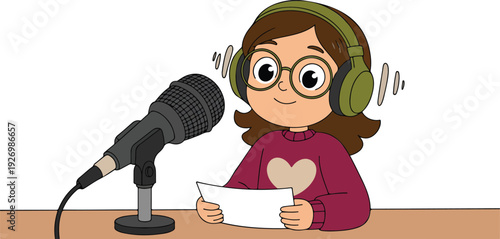 A digital illustration of a podcast setup with a young caucasian girl wearing a burgundy sweater and olive green headphones.